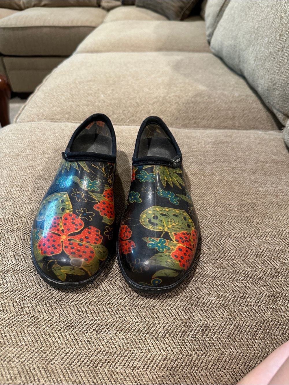 Black Floral Rain Clogs with Red & Green Print